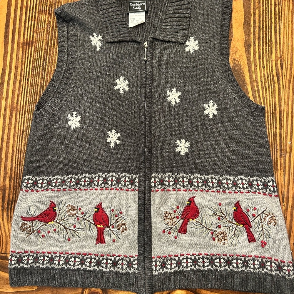 Southern Lady Charcoal Knit Vest. Cardinals. Vintage. Christmas Vest